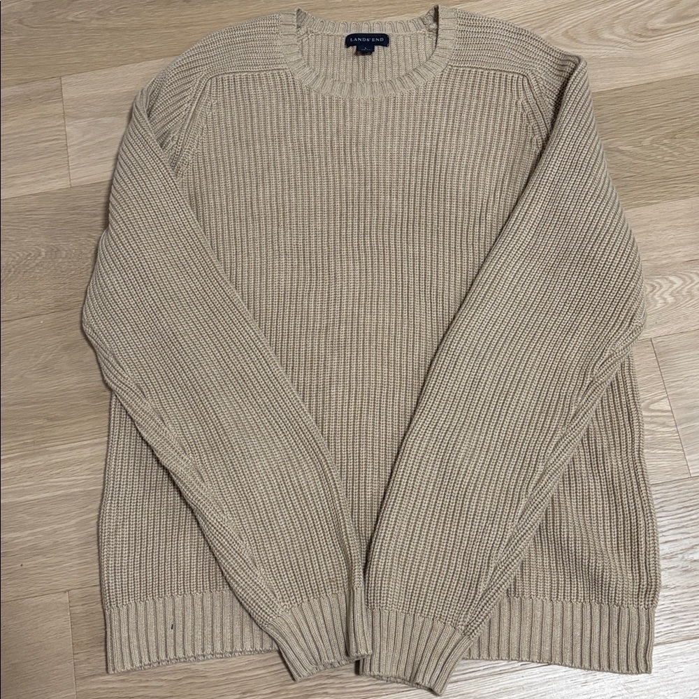 LANDS' END (L) Cotton Drifter Saddle Crewneck Shaker Sweater Tan - Picture 5 of 8
